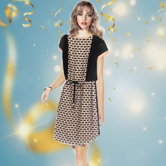 VINCE CAMUTO Basket Weave Print Tie- Waist Short Sleeves Dress Sz 2P - Picture 6 of 6